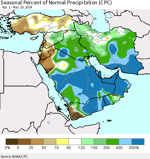 Middle East and Turkey Seasonal Percent of Normal Precipitation (CPC) Thematic Map For 4/1/2024 - 5/10/2024