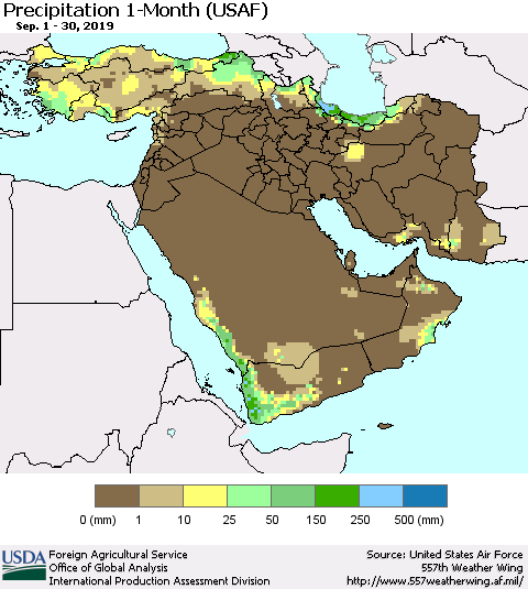 Middle East and Turkey Precipitation 1-Month (USAF) Thematic Map For 9/1/2019 - 9/30/2019
