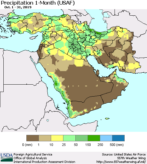 Middle East and Turkey Precipitation 1-Month (USAF) Thematic Map For 10/1/2019 - 10/31/2019