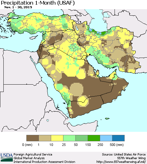 Middle East and Turkey Precipitation 1-Month (USAF) Thematic Map For 11/1/2019 - 11/30/2019