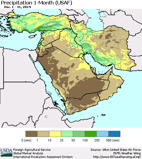 Middle East and Turkey Precipitation 1-Month (USAF) Thematic Map For 12/1/2019 - 12/31/2019