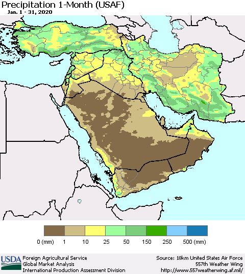 Middle East and Turkey Precipitation 1-Month (USAF) Thematic Map For 1/1/2020 - 1/31/2020