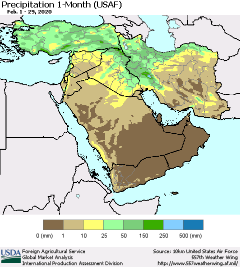 Middle East and Turkey Precipitation 1-Month (USAF) Thematic Map For 2/1/2020 - 2/29/2020