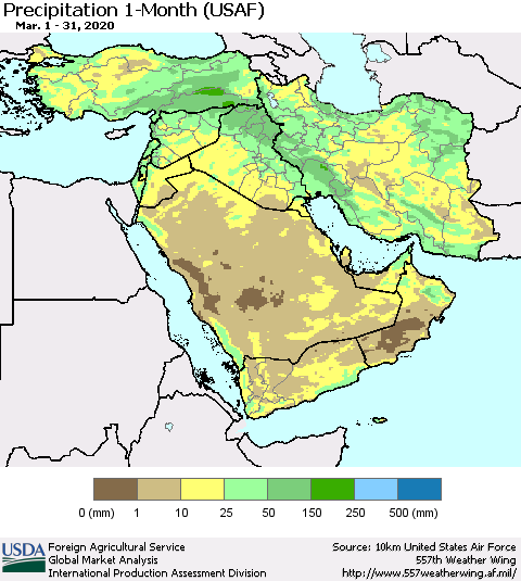 Middle East and Turkey Precipitation 1-Month (USAF) Thematic Map For 3/1/2020 - 3/31/2020