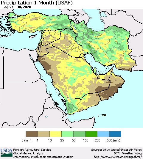 Middle East and Turkey Precipitation 1-Month (USAF) Thematic Map For 4/1/2020 - 4/30/2020