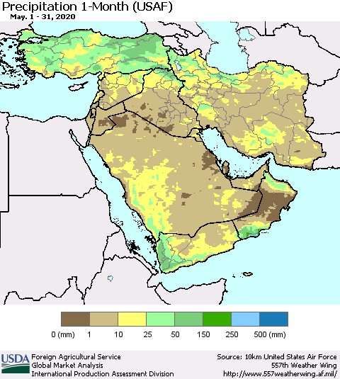 Middle East and Turkey Precipitation 1-Month (USAF) Thematic Map For 5/1/2020 - 5/31/2020
