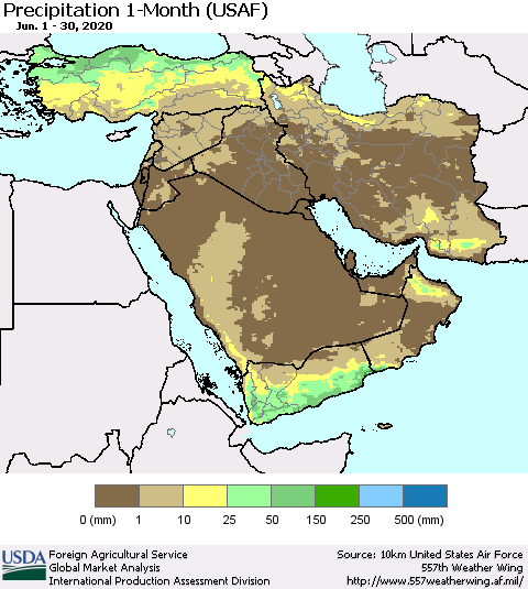 Middle East and Turkey Precipitation 1-Month (USAF) Thematic Map For 6/1/2020 - 6/30/2020