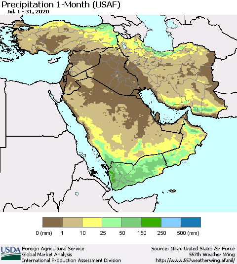 Middle East and Turkey Precipitation 1-Month (USAF) Thematic Map For 7/1/2020 - 7/31/2020