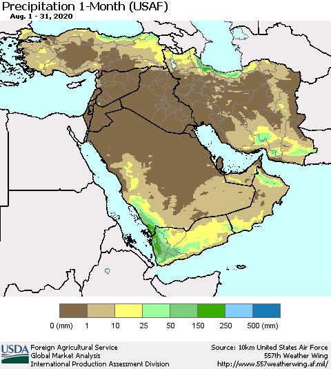 Middle East and Turkey Precipitation 1-Month (USAF) Thematic Map For 8/1/2020 - 8/31/2020