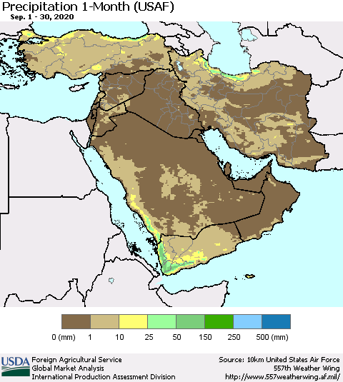 Middle East and Turkey Precipitation 1-Month (USAF) Thematic Map For 9/1/2020 - 9/30/2020