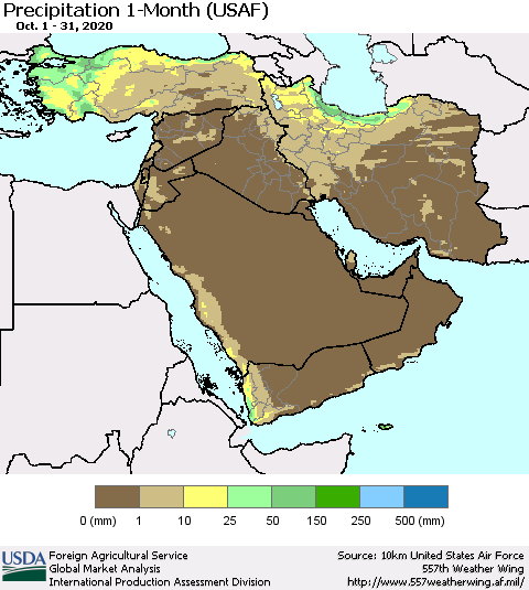 Middle East and Turkey Precipitation 1-Month (USAF) Thematic Map For 10/1/2020 - 10/31/2020