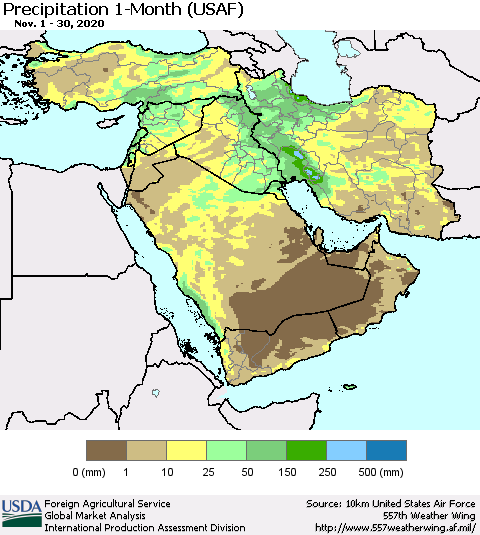Middle East and Turkey Precipitation 1-Month (USAF) Thematic Map For 11/1/2020 - 11/30/2020