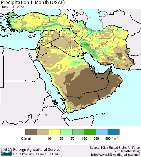 Middle East and Turkey Precipitation 1-Month (USAF) Thematic Map For 12/1/2020 - 12/31/2020