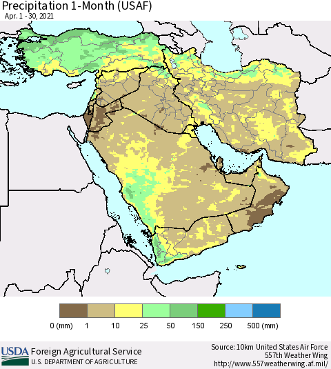 Middle East and Turkey Precipitation 1-Month (USAF) Thematic Map For 4/1/2021 - 4/30/2021