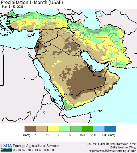 Middle East and Turkey Precipitation 1-Month (USAF) Thematic Map For 5/1/2021 - 5/31/2021