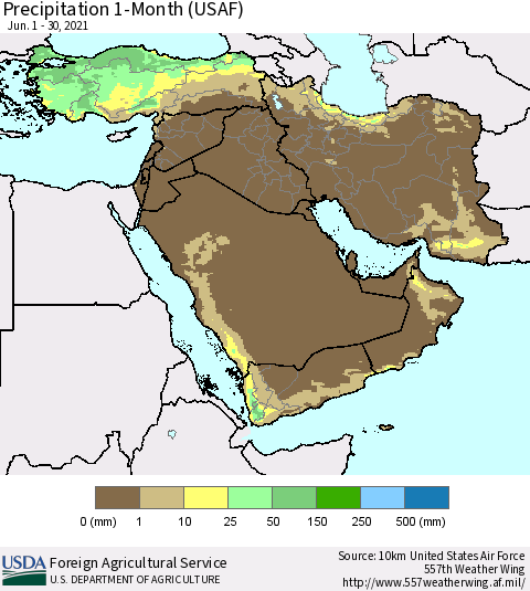 Middle East and Turkey Precipitation 1-Month (USAF) Thematic Map For 6/1/2021 - 6/30/2021