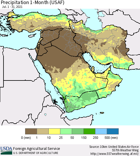 Middle East and Turkey Precipitation 1-Month (USAF) Thematic Map For 7/1/2021 - 7/31/2021
