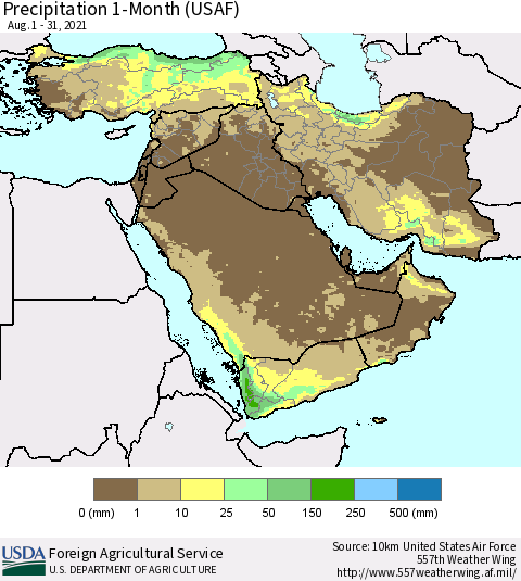 Middle East and Turkey Precipitation 1-Month (USAF) Thematic Map For 8/1/2021 - 8/31/2021