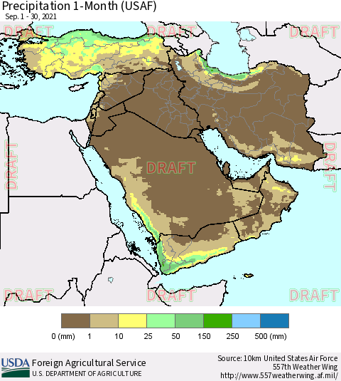 Middle East and Turkey Precipitation 1-Month (USAF) Thematic Map For 9/1/2021 - 9/30/2021