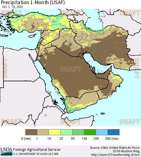 Middle East and Turkey Precipitation 1-Month (USAF) Thematic Map For 10/1/2021 - 10/31/2021