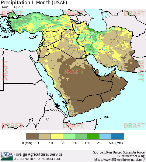 Middle East and Turkey Precipitation 1-Month (USAF) Thematic Map For 11/1/2021 - 11/30/2021