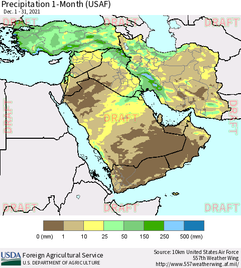 Middle East and Turkey Precipitation 1-Month (USAF) Thematic Map For 12/1/2021 - 12/31/2021