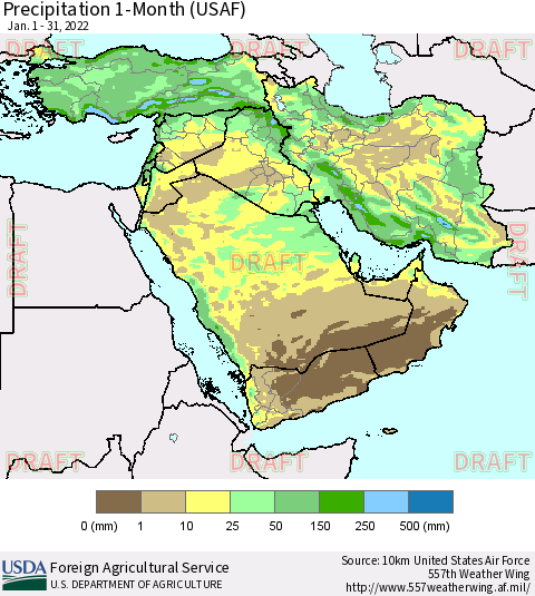 Middle East and Turkey Precipitation 1-Month (USAF) Thematic Map For 1/1/2022 - 1/31/2022