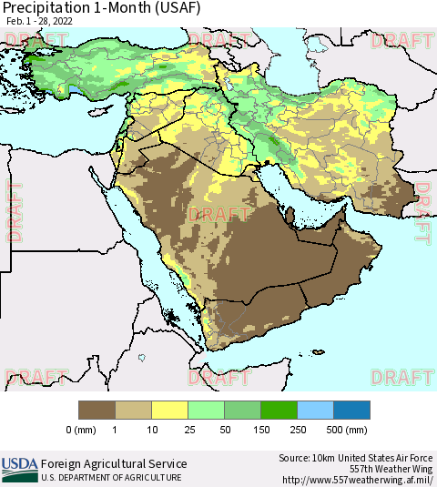 Middle East and Turkey Precipitation 1-Month (USAF) Thematic Map For 2/1/2022 - 2/28/2022