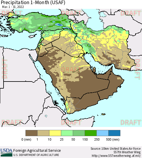 Middle East and Turkey Precipitation 1-Month (USAF) Thematic Map For 3/1/2022 - 3/31/2022