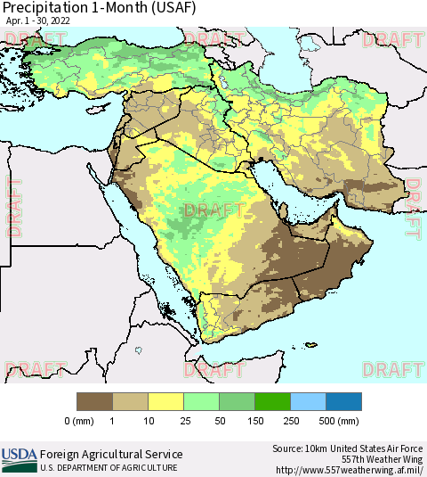 Middle East and Turkey Precipitation 1-Month (USAF) Thematic Map For 4/1/2022 - 4/30/2022