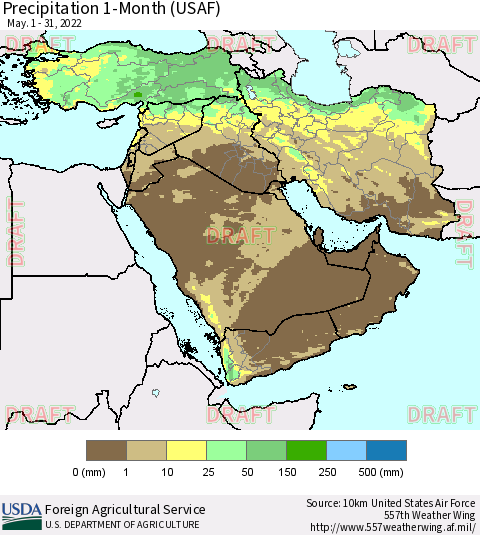 Middle East and Turkey Precipitation 1-Month (USAF) Thematic Map For 5/1/2022 - 5/31/2022