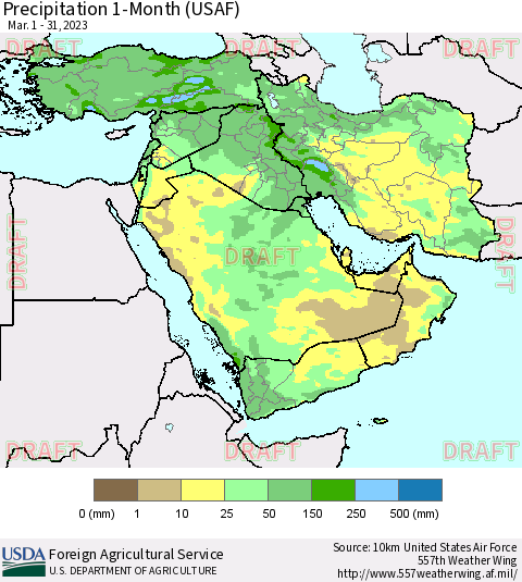 Middle East and Turkey Precipitation 1-Month (USAF) Thematic Map For 3/1/2023 - 3/31/2023