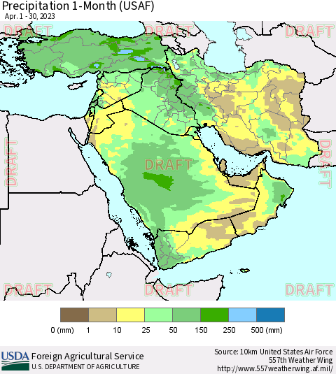 Middle East and Turkey Precipitation 1-Month (USAF) Thematic Map For 4/1/2023 - 4/30/2023
