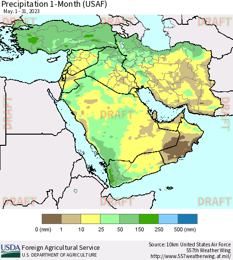 Middle East and Turkey Precipitation 1-Month (USAF) Thematic Map For 5/1/2023 - 5/31/2023