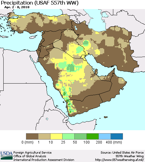 Middle East and Turkey Precipitation (USAF 557th WW) Thematic Map For 4/2/2018 - 4/8/2018