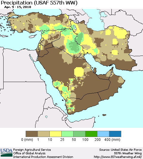 Middle East and Turkey Precipitation (USAF 557th WW) Thematic Map For 4/9/2018 - 4/15/2018