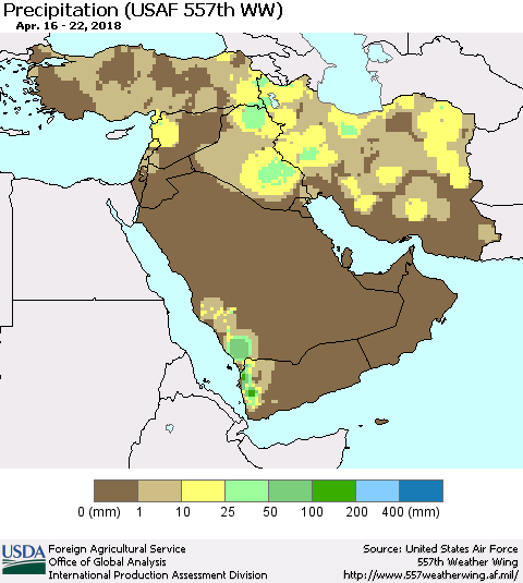 Middle East and Turkey Precipitation (USAF 557th WW) Thematic Map For 4/16/2018 - 4/22/2018