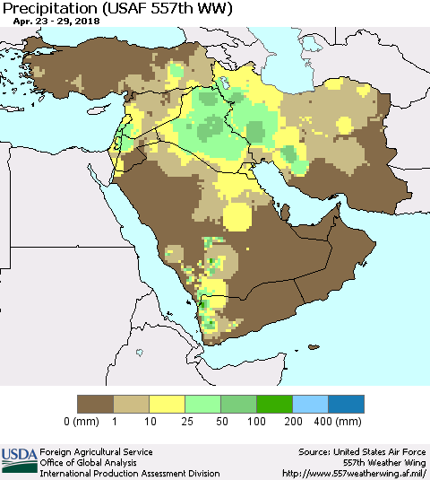 Middle East and Turkey Precipitation (USAF 557th WW) Thematic Map For 4/23/2018 - 4/29/2018