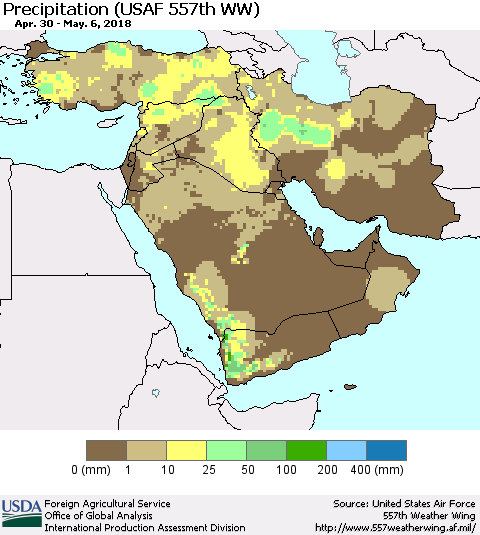 Middle East and Turkey Precipitation (USAF 557th WW) Thematic Map For 4/30/2018 - 5/6/2018