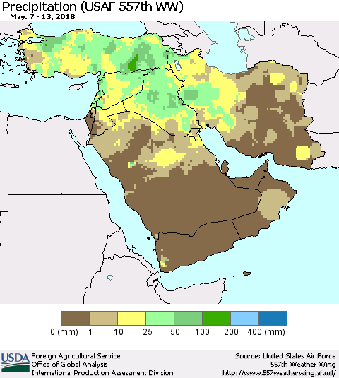 Middle East and Turkey Precipitation (USAF 557th WW) Thematic Map For 5/7/2018 - 5/13/2018