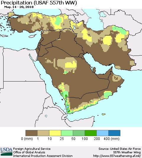 Middle East and Turkey Precipitation (USAF 557th WW) Thematic Map For 5/14/2018 - 5/20/2018