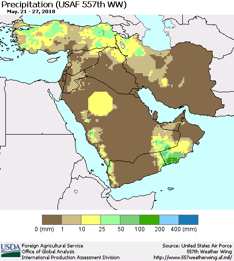 Middle East and Turkey Precipitation (USAF 557th WW) Thematic Map For 5/21/2018 - 5/27/2018