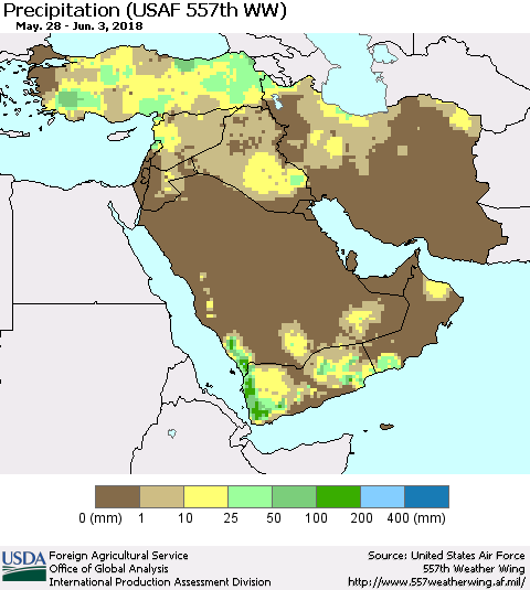 Middle East and Turkey Precipitation (USAF 557th WW) Thematic Map For 5/28/2018 - 6/3/2018