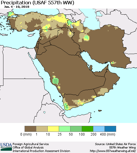 Middle East and Turkey Precipitation (USAF 557th WW) Thematic Map For 6/4/2018 - 6/10/2018
