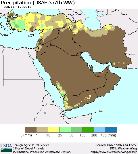 Middle East and Turkey Precipitation (USAF 557th WW) Thematic Map For 6/11/2018 - 6/17/2018