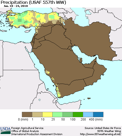 Middle East and Turkey Precipitation (USAF 557th WW) Thematic Map For 6/18/2018 - 6/24/2018