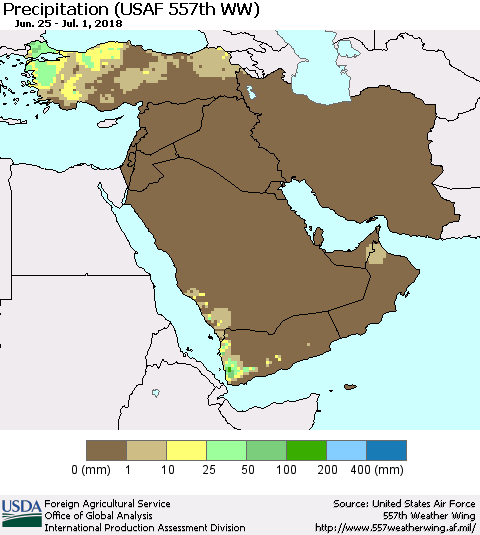 Middle East and Turkey Precipitation (USAF 557th WW) Thematic Map For 6/25/2018 - 7/1/2018