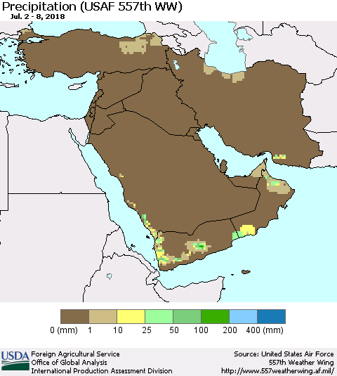 Middle East and Turkey Precipitation (USAF 557th WW) Thematic Map For 7/2/2018 - 7/8/2018