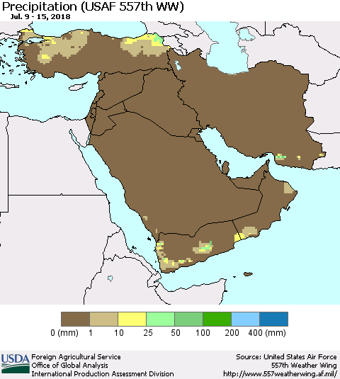 Middle East and Turkey Precipitation (USAF 557th WW) Thematic Map For 7/9/2018 - 7/15/2018