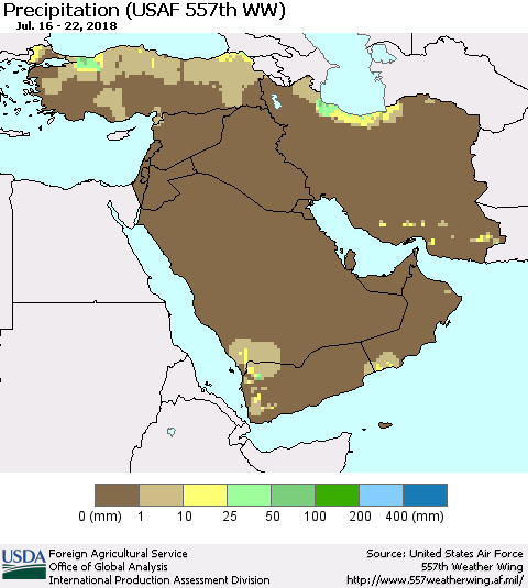 Middle East and Turkey Precipitation (USAF 557th WW) Thematic Map For 7/16/2018 - 7/22/2018